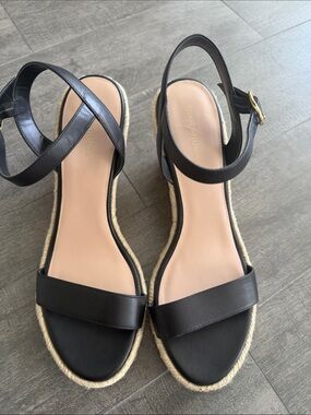 Stuart Weitzman Black Leather Espadrille Slingback Sandals with Gold Buckle